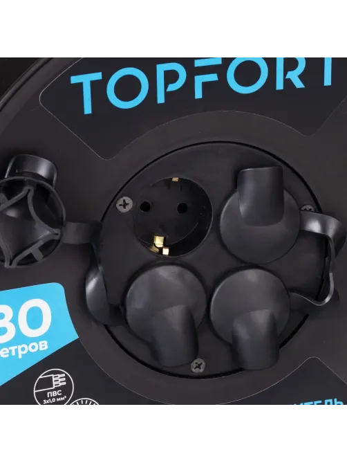 Удлинитель Topfort ПВС 3х1кв.мм, 30м на пласт.катушке, 4 роз. с/з, IP44