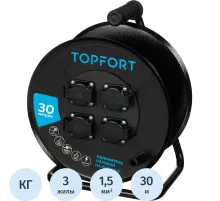 Удлинитель Topfort КГ 3х1,5 30м, на мет.катушке, 4 гнезда с/з.,с/загл.,IP44