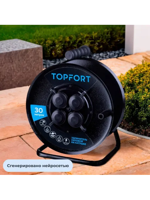 Удлинитель Topfort метал. КГ 3x2,5 кв.мм 30м 16А 4 гнезда с/з.,с/загл.,IP44