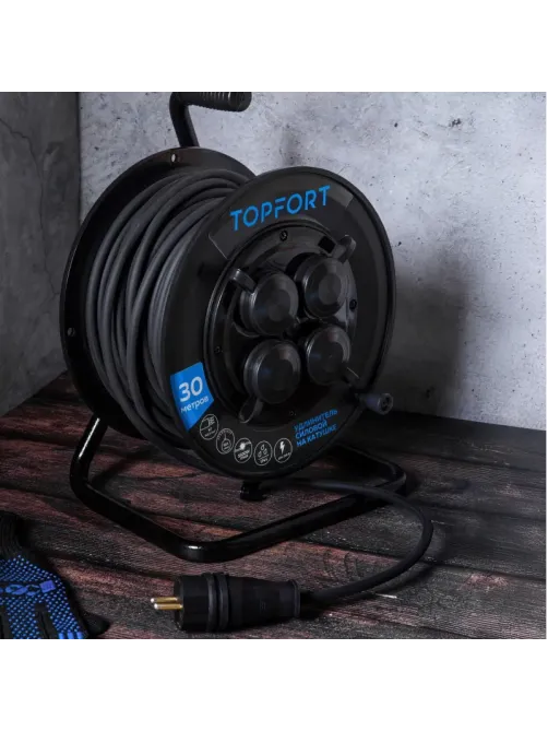 Удлинитель Topfort пласт. КГ 3x2,5 кв.мм 30м 16А 4 гнезда с/з.,с/загл.,IP44