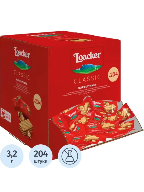 Вафли Loacker минис наполитанер, 3,2гx204шт/уп