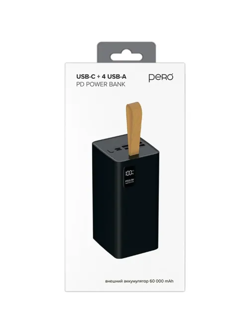 Внешний аккумулятор PERO PB10 60000 mAh,Li-Pol,output USB-C + 4USB-A,черный