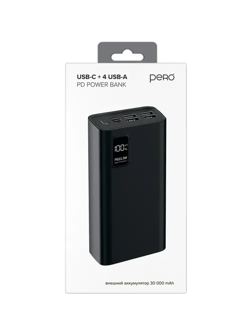 Внешний аккумулятор PERO PB07 30000 mAh,Li-Pol,output USB-C + 4USB-A,черный