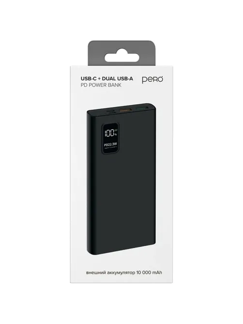 Внешний аккумулятор PERO PB05 10000 mAh,Li-Pol,output USB-C + 2USB-A,черный