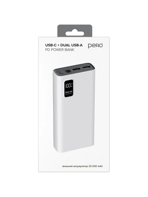 Внешний аккумулятор PERO PB06 20000 mAh,Li-Pol,output USB-C + 2USB-A,белый