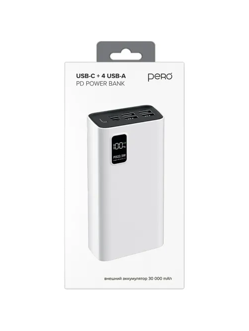Внешний аккумулятор PERO PB07 30000 mAh,Li-Pol,output USB-C + 4USB-A,белый
