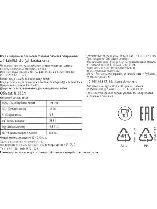 Вода минеральная Шамбала Горная природная газ стекло 0,285л