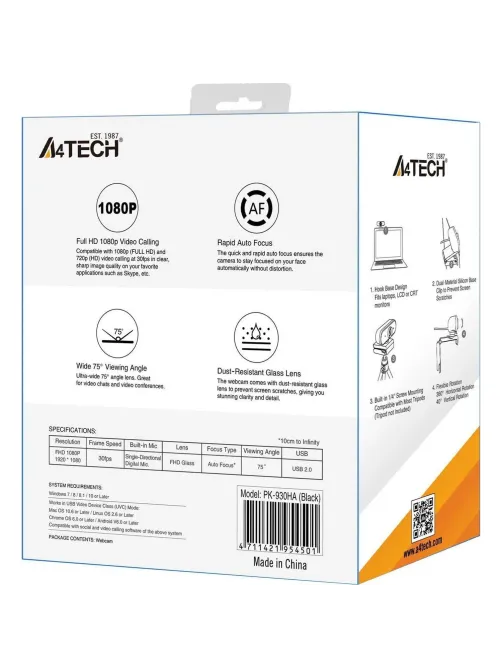 Веб-камера A4Tech PK-930HA черный 2Mpix (1920x1080) USB2.0 с микрофоном