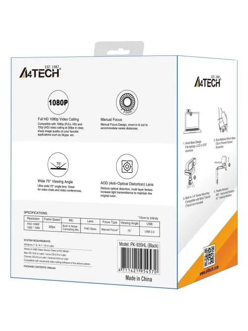 Веб-камера A4Tech (PK-935HL) черный 2Mpix (1920x1080) USB2.0 с микрофоном
