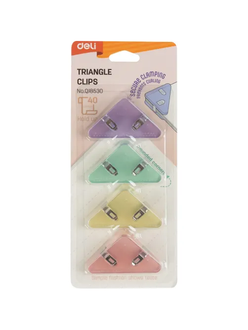 Зажимы для бумаг Deli EQJ8530, 4шт/уп,4цв,32мм, до 40л,угл, пласт