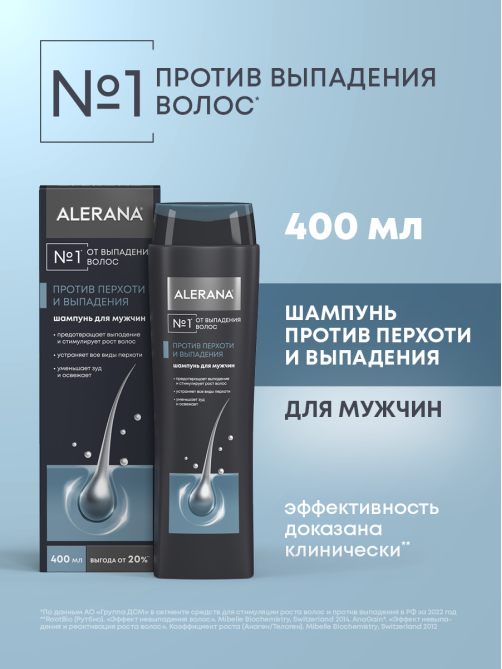 Шампунь Alerana 2в1 Против перхоти и выпадения волос мужской, 400мл