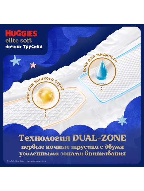 Подгузники-трусики Huggies Elite Soft ночные 5 размер 12-17кг, 17шт