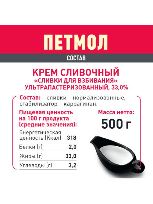Сливки Петмол ультрапастеризованные 33%, 500г x 12 шт