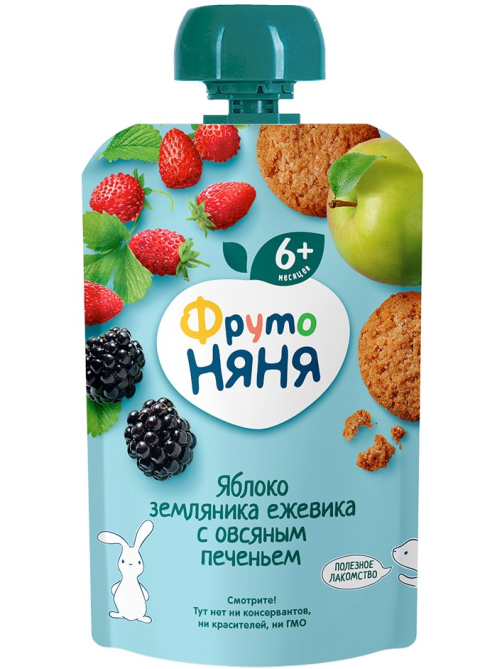 Пюре фруктовое детское ФрутоНяня Яблоко, земляника, ежевика и овсяное печенье с 6 месяцев, 90г х 12 шт