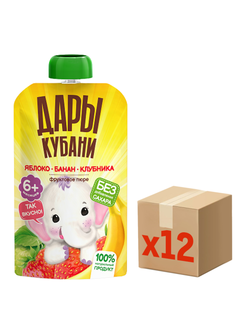 Пюре детское Дары Кубани яблоко, банан и клубника, 90г x 12 шт