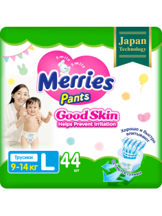 Подгузники-трусики Merries Good Skin L 9-14кг, 44шт