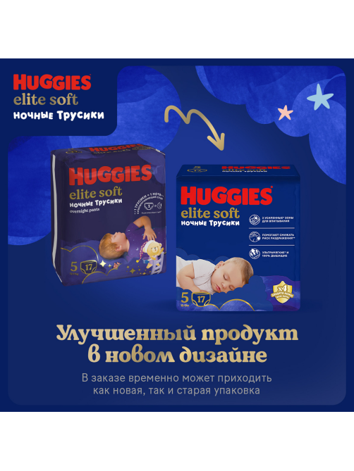 Подгузники-трусики Huggies Elite Soft ночные 6 размер 15-25кг, 16шт