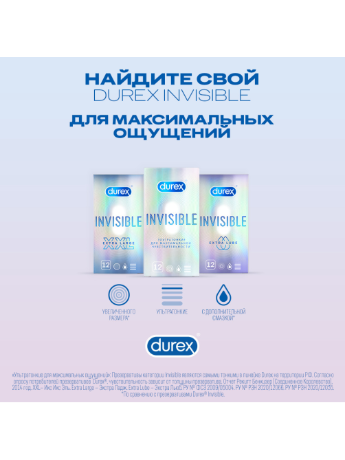 Презервативы Durex Invisible Extra Lube ультратонкие с дополнительной смазкой из натурального латекса, 12шт
