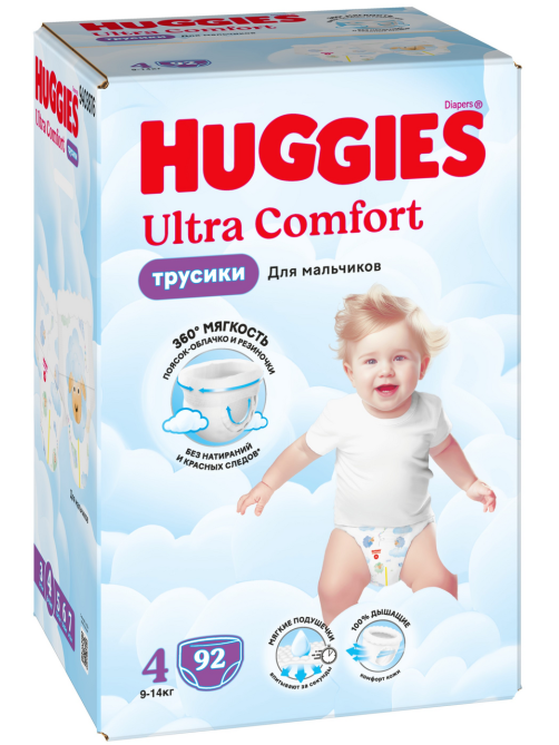 Подгузники-трусики Huggies Ultra Comfort для мальчиков №4 9-14кг, 92шт