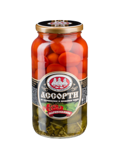 Ассорти овощное маринованное Скатерть-Самобранка Томаты черри и корнишоны, 1.415л