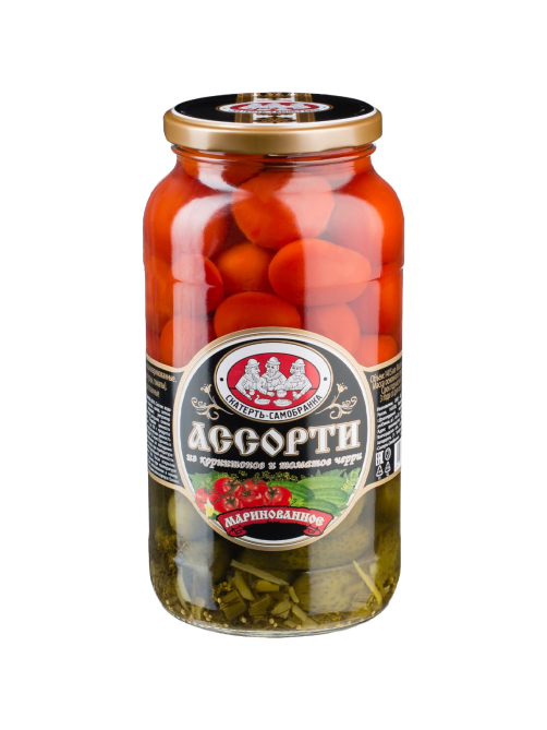 Ассорти овощное маринованное Скатерть-Самобранка Томаты черри и корнишоны, 1.415л