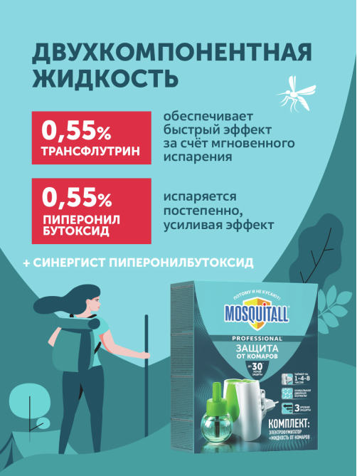 Комплект от комаров фумигатор + жидкость Mosquitall Professional 30 ночей, 30мл