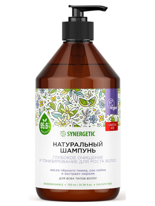 Шампунь Synergetic Глубокое очищение и рост волос бессульфатный, 750мл
