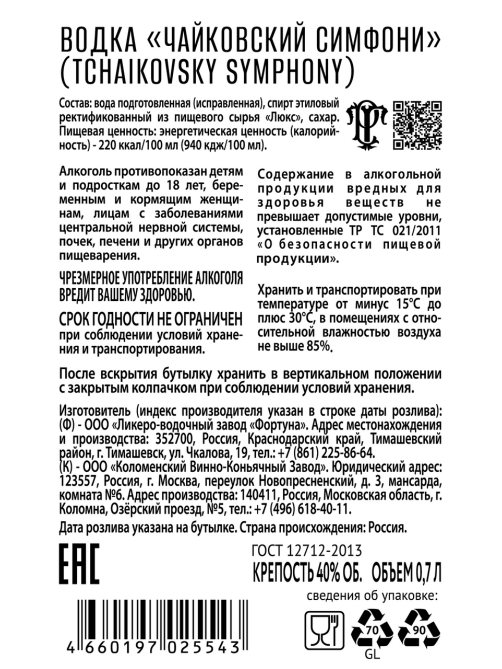 Водка Чайковский 0.7л
