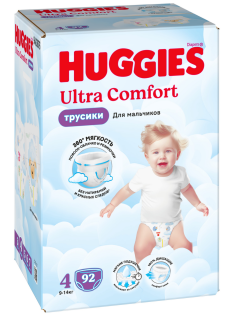 Подгузники-трусики Huggies Ultra Comfort для мальчиков №4 9-14кг, 92шт