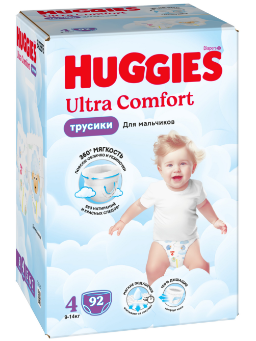 Подгузники-трусики Huggies Ultra Comfort для мальчиков №4 9-14кг, 92шт