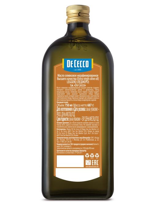 Масло оливковое De Cecco Leggero Extra Vergine нерафинированное, 750мл