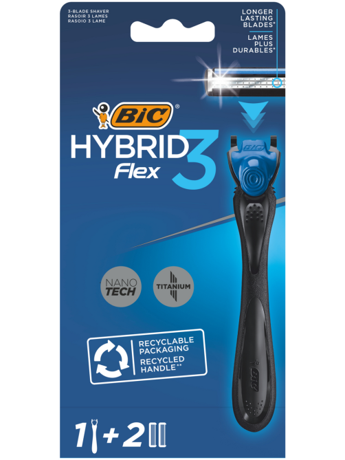 Бритва мужская BIC Flex 3 Hybrid 3 лезвия плавающая головка, 1 ручка и 2 сменные кассеты