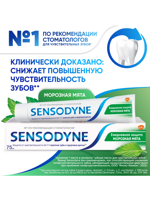 Зубная паста Sensodyne Ежедневная защита для чувствительных зубов морозная мята с фтором, 75мл