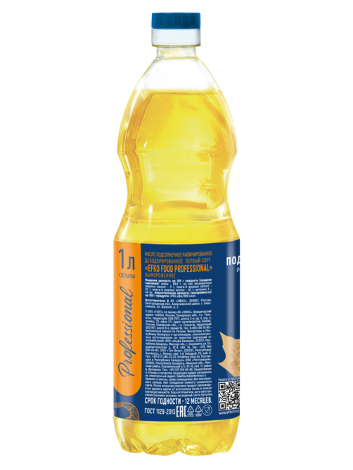 Масло подсолнечное Efko Food Professional рафинированное дезодорированное, 1л