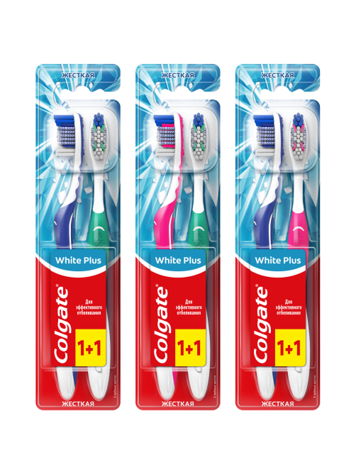 Зубная щетка Colgate White Plus отбеливающая жесткая, промоупаковка 1+1