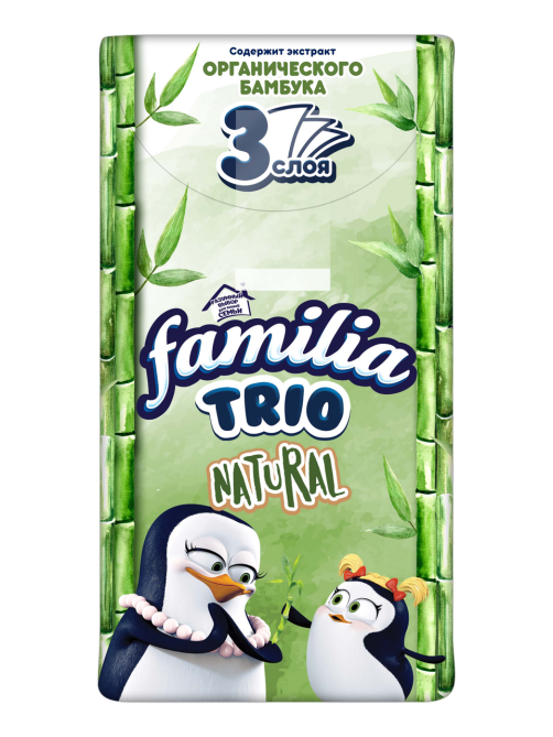 Платочки бумажные Familia Trio Natural три слоя, 10 шт