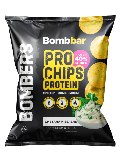 Чипсы Bombbar протеиновые сметана и зелень, 50г
