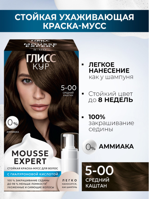 Краска для волос Глисс Кур Mousse Expert 5-00 средний каштан