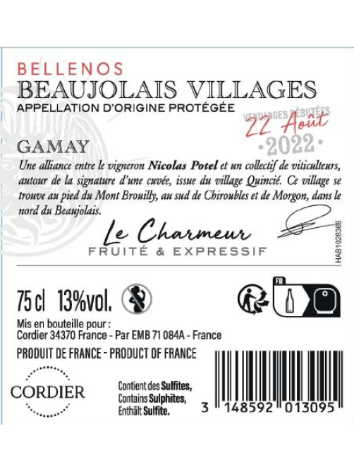 Вино Bellenos Beaujolais Villages Game красное сухое, 0.75л