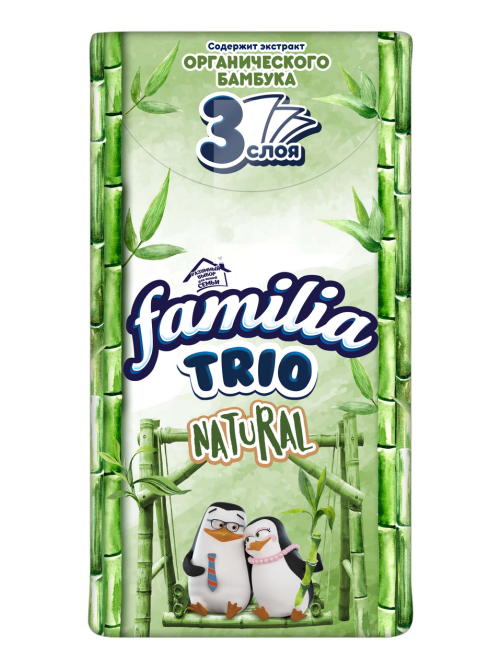 Платочки бумажные Familia Trio Natural три слоя, 10 шт