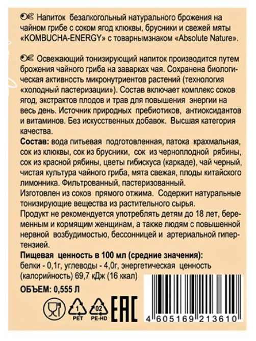 Напиток на чайном грибе Комбуча Absolute Nature Energy с клюквой, брусникой и свежей мятой, 555мл