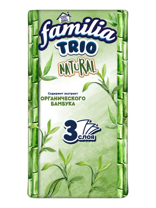Платочки бумажные Familia Trio Natural три слоя, 10 шт