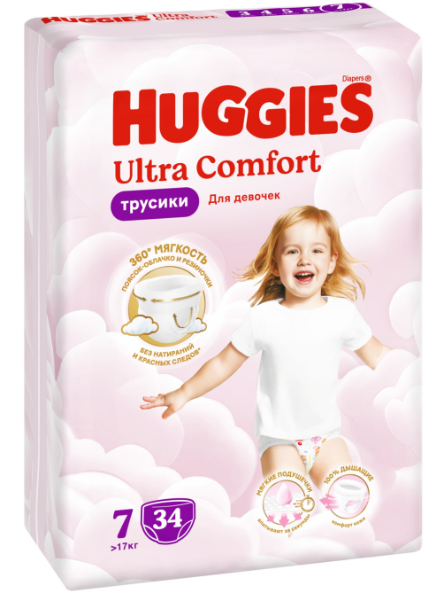 Подгузники-трусики Huggies Ultra Comfort для девочек №7 >17кг, 34шт
