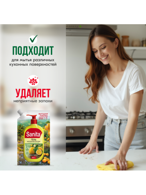 Гель для мытья посуды Sanita Сицилийский лимон и мелисса, 900г
