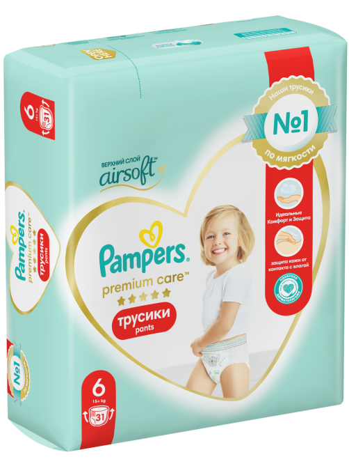 Подгузники-трусики Pampers Premium Care 6 размер 15+кг, 31шт