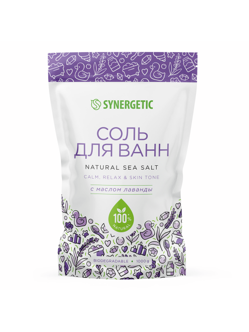 Соль для ванн Synergetic с маслом лаванды, 1кг