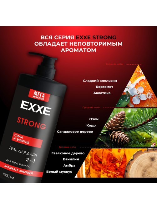 Гель для душа Exxe Men Strong 2 в 1 Сила и Энергия, 1л