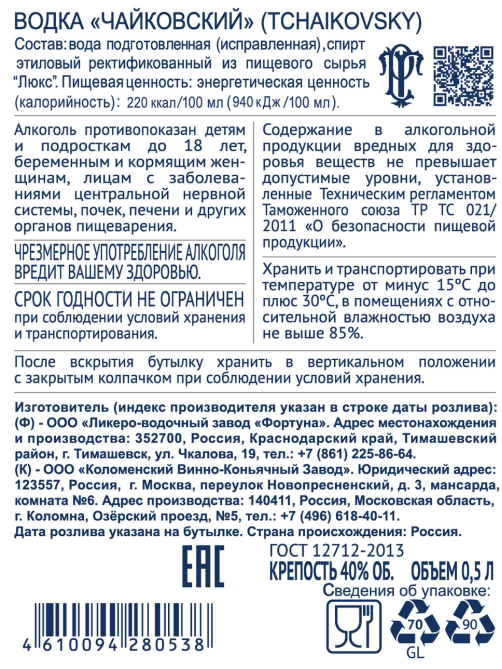 Водка Чайковский 0.5л