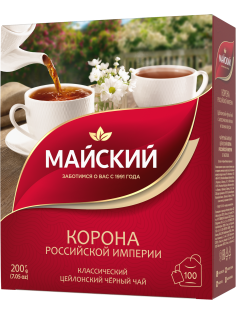 Чай Майский Корона Российской Империи черный цейлонский крупнолистовой (2г х 100 шт), 200г