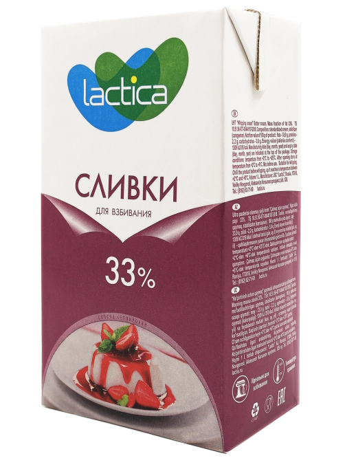 Крем Lactica ультрапастеризованный сливочный для взбивания 33%, 1л
